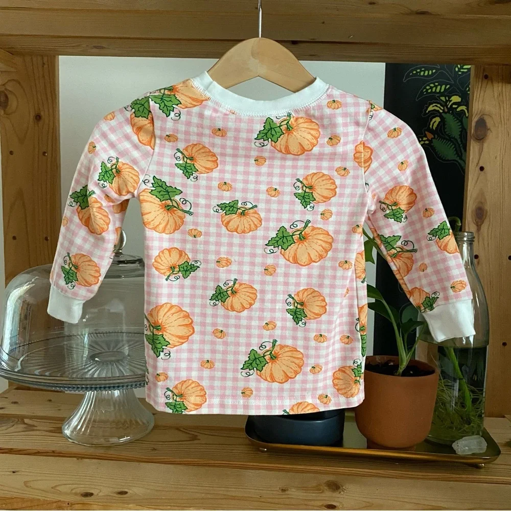 Classic Whimsy Pink Plaid Pumpkin Print Fall Halloween Pajama Set 18 months